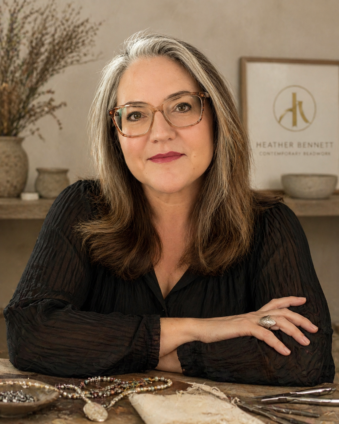 Portrait of a woman seated at a jewelry worktable, wearing glasses and a black textured blouse, with handcrafted beadwork tools and materials in the foreground and Heather Bennett Contemporary Beadwork branding in the background.