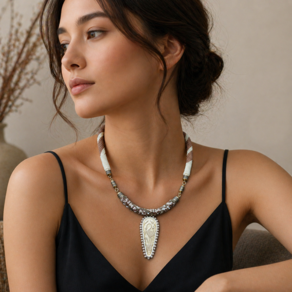 Portrait of a woman wearing a handcrafted beaded statement necklace with ivory, taupe, and bronze tones, featuring a sculptural central pendant and textured beadwork, styled with a black camisole in warm natural light.