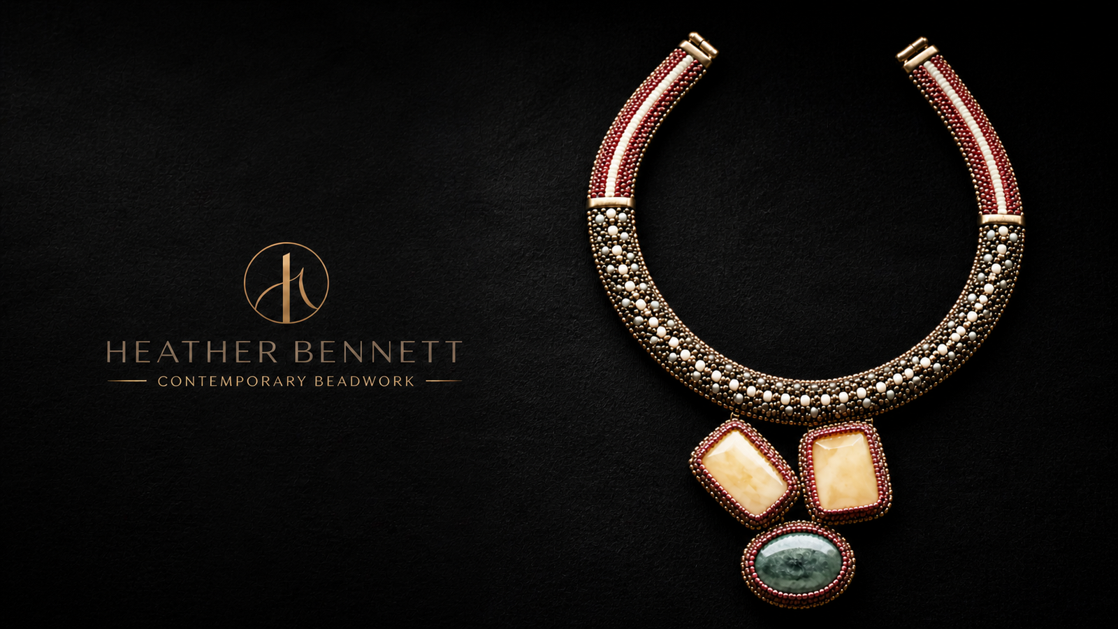 Promotional graphic featuring a handcrafted statement necklace with bronze, ivory, dusty rose, and moss green beadwork displayed against a black textured background beside the Heather Bennett Contemporary Beadwork logo.