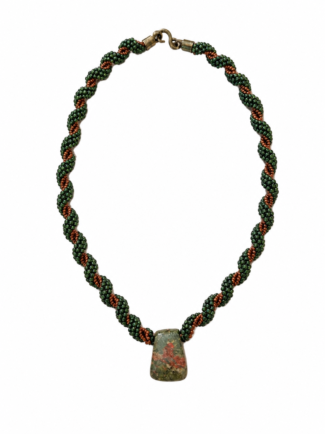 Twisted beadwoven rope necklace in deep green and copper with polished jasper stone pendant centerpiece.