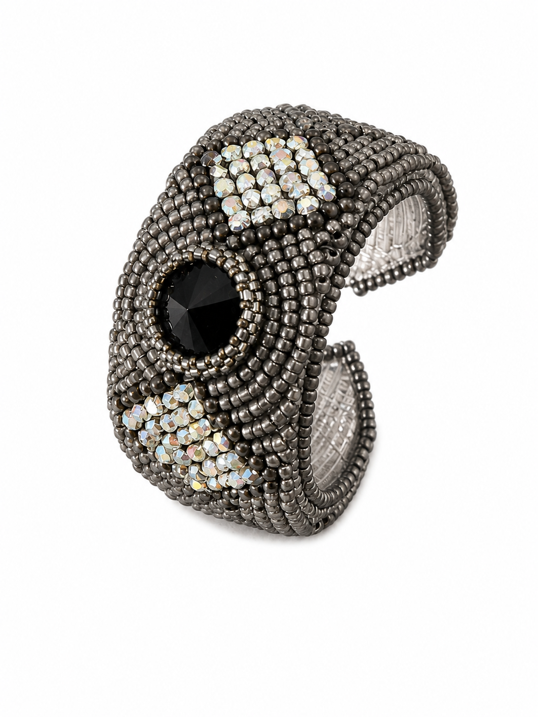 Gunmetal bead embroidered cuff bracelet with black crystal centerpiece and shimmering silver crystal accents.