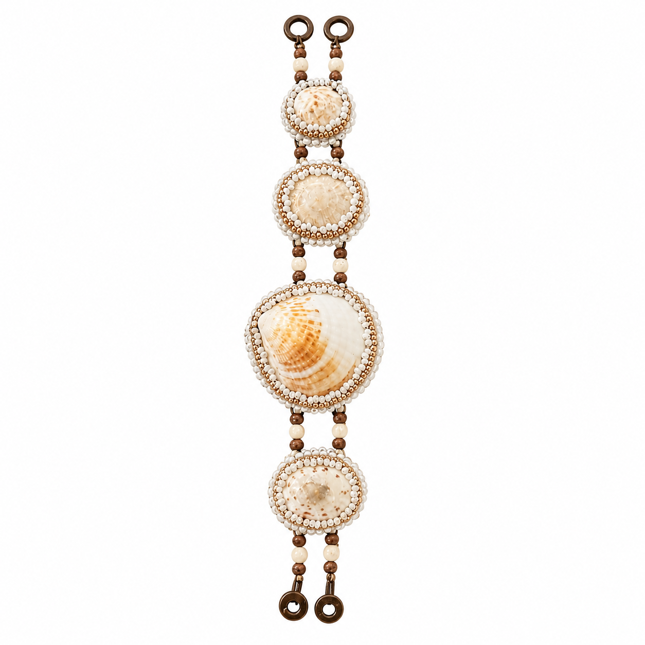 Beaded shell bracelet featuring layered seashell cabochons, ivory bead embroidery, and bronze-toned connectors.