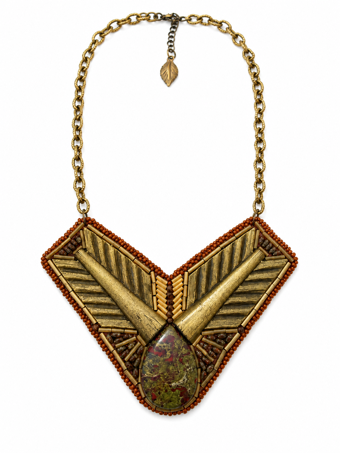 Geometric bead embroidered necklace with dragon blood stone focal, brass chain, and earthy bronze beadwork.