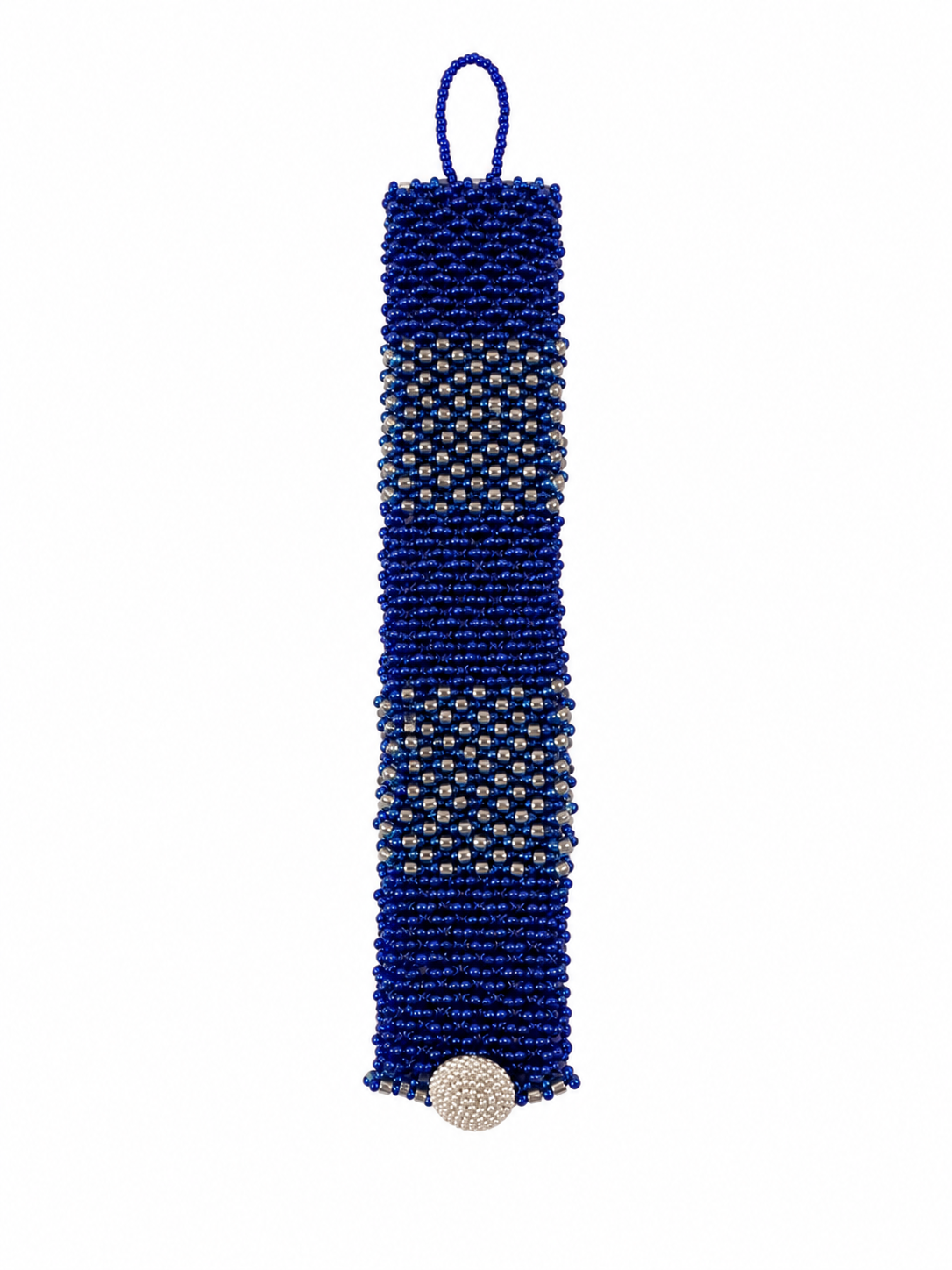 Handwoven cobalt blue bead bracelet with metallic accent bands and textured button closure.
