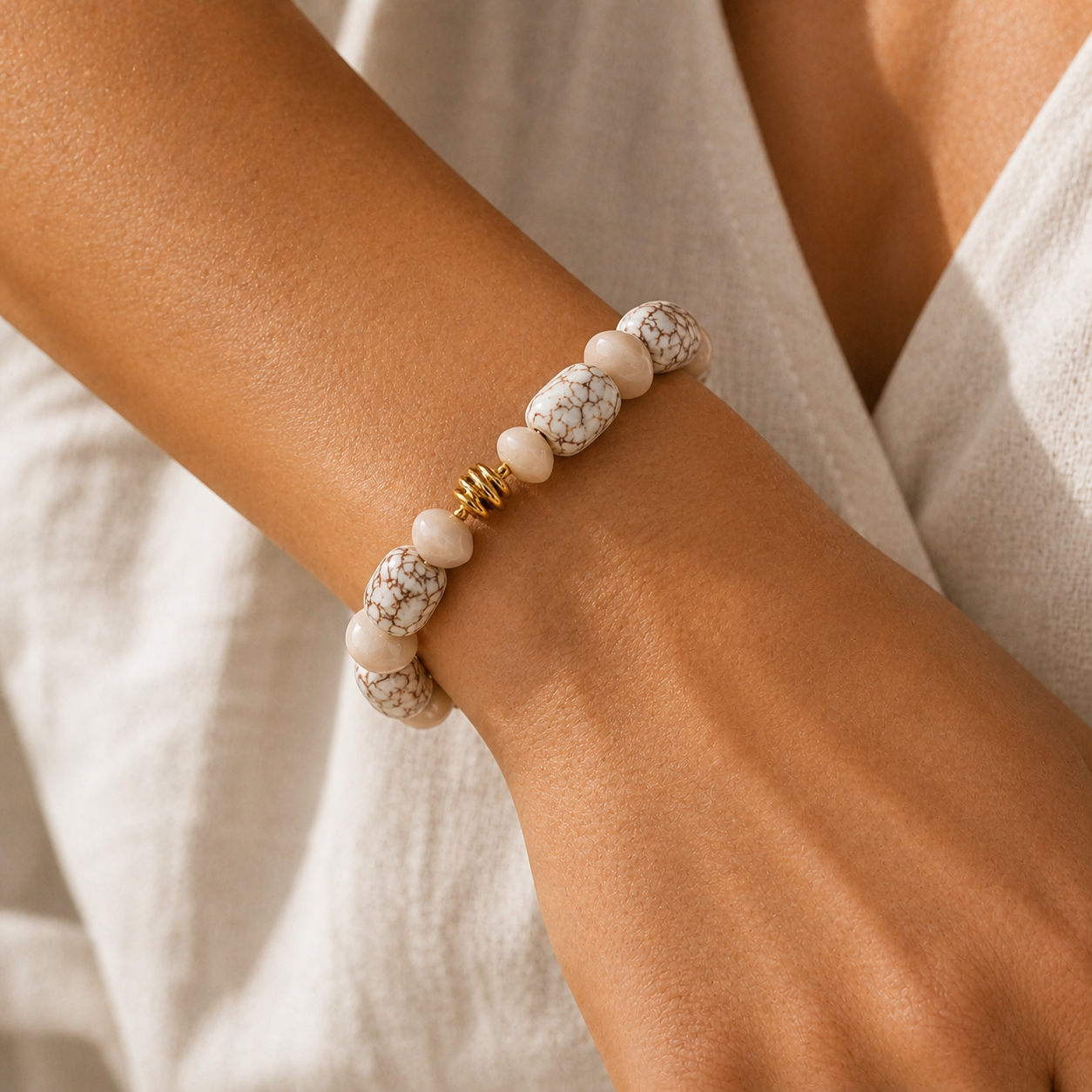 Neutral-toned stretch bracelet featuring marbled white stone beads, soft blush accent beads, and a gold-toned spacer centerpiece, styled on a wrist in warm natural light.