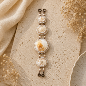 Shell bracelet with bead embroidery in ivory and sand tones featuring layered natural shells and bronze accents.
