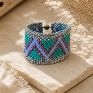 Wide woven cuff bracelet in teal, lavender, plum, and silver tones with geometric chevron beadwork and magnetic clasp closure.