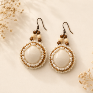 Handcrafted bead embroidered earrings featuring ivory oval cabochons surrounded by cream and gold seed beads with bronze ear wires and accent beads.