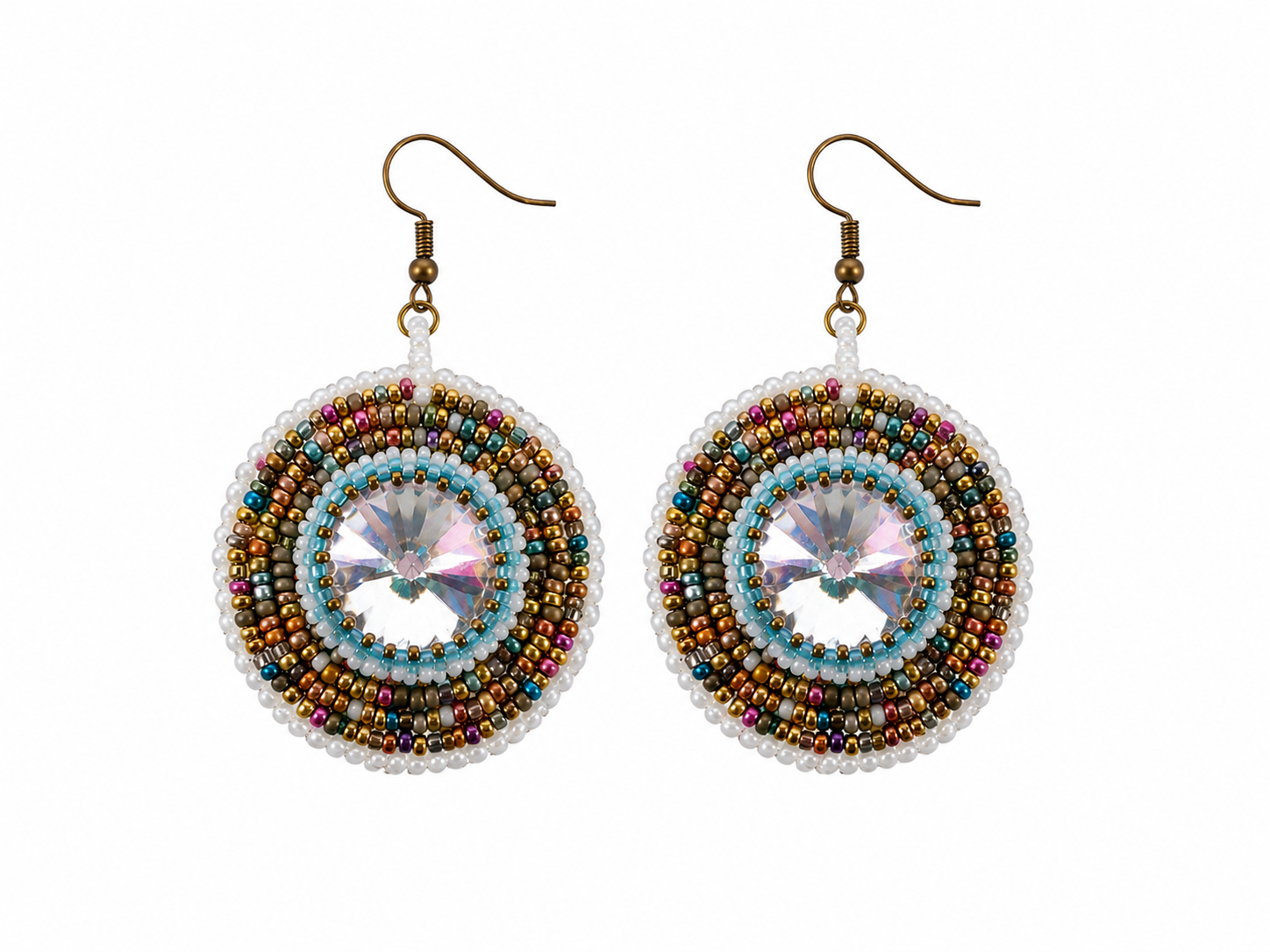 Handcrafted bead embroidered earrings featuring large crystal rivolis surrounded by concentric rings of white, aqua, gold, bronze, teal, and berry seed beads.
