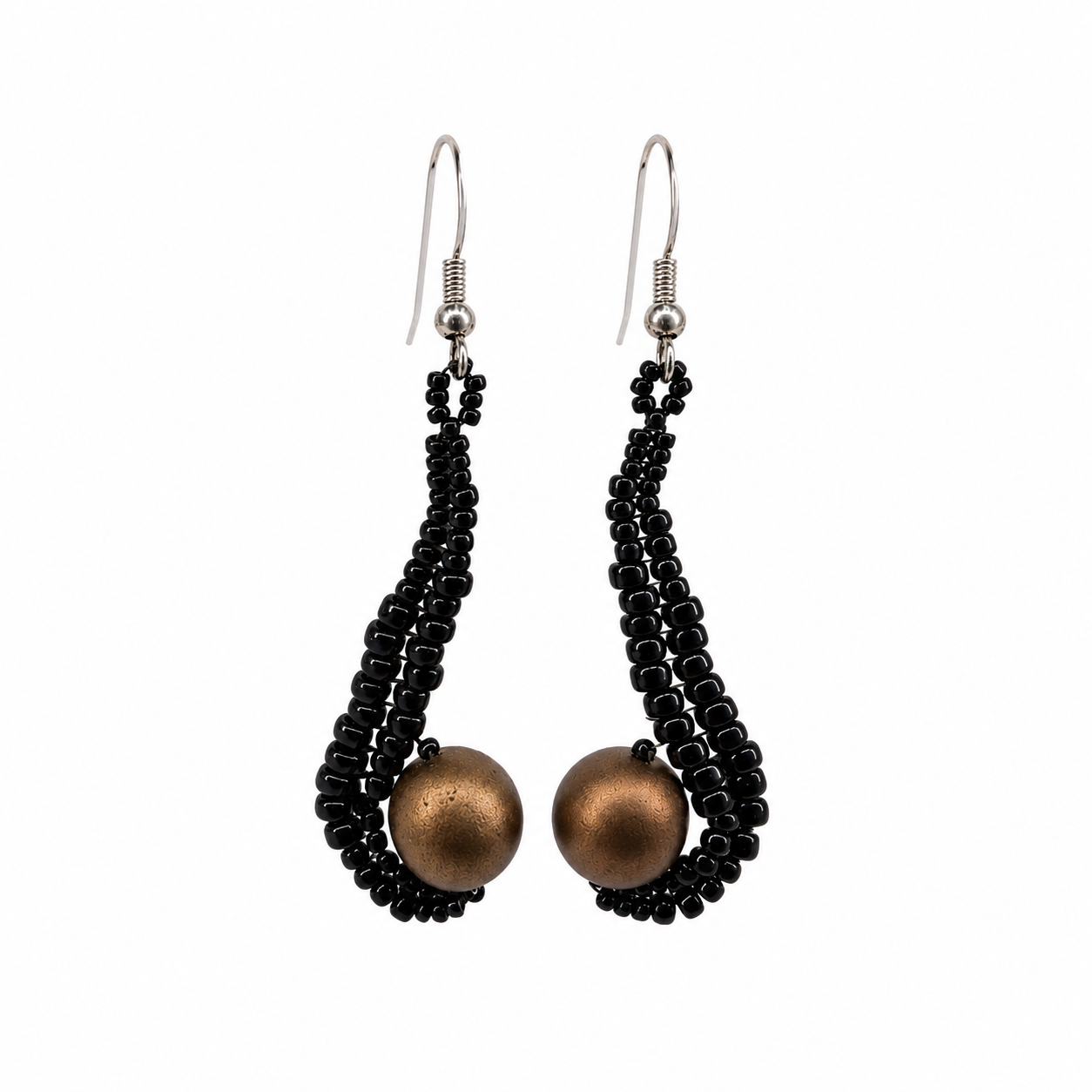 Handwoven black seed bead earrings featuring elongated teardrop shapes with matte bronze round focal beads and sterling silver ear wires.