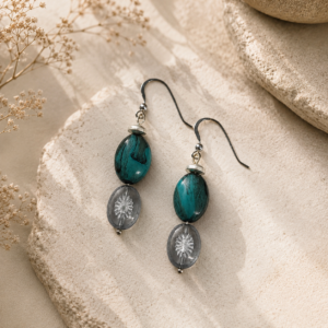 Handcrafted dangle earrings featuring marbled teal glass beads paired with translucent gray etched glass beads and sterling silver ear wires.