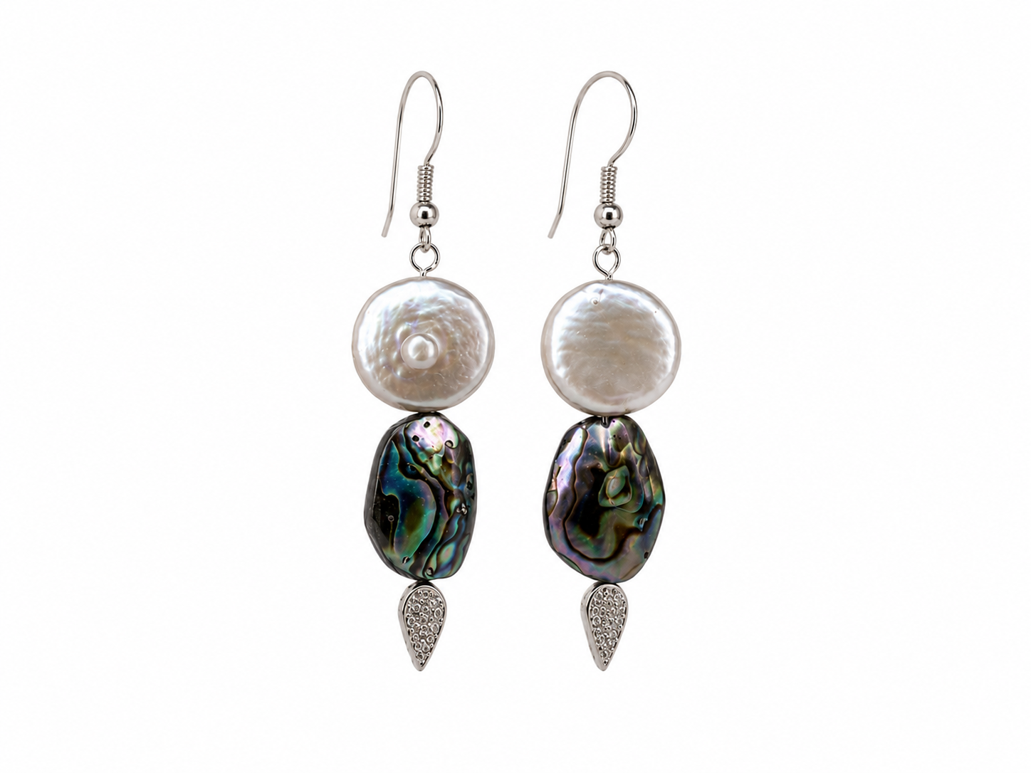 Handcrafted earrings featuring large freshwater coin pearls, iridescent abalone shell beads, pavé crystal accents, and sterling silver ear wires.