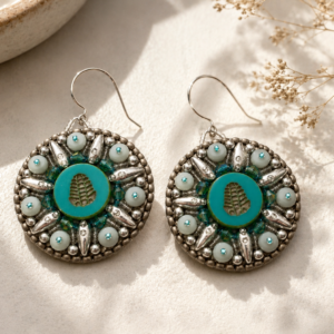 Handcrafted bead embroidered earrings featuring turquoise glass focal beads with embossed leaf designs surrounded by metallic silver beads, crystal accents, and ivory glass details.