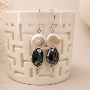 Handcrafted earrings featuring large freshwater coin pearls, iridescent abalone shell beads, pavé crystal accents, and sterling silver ear wires.